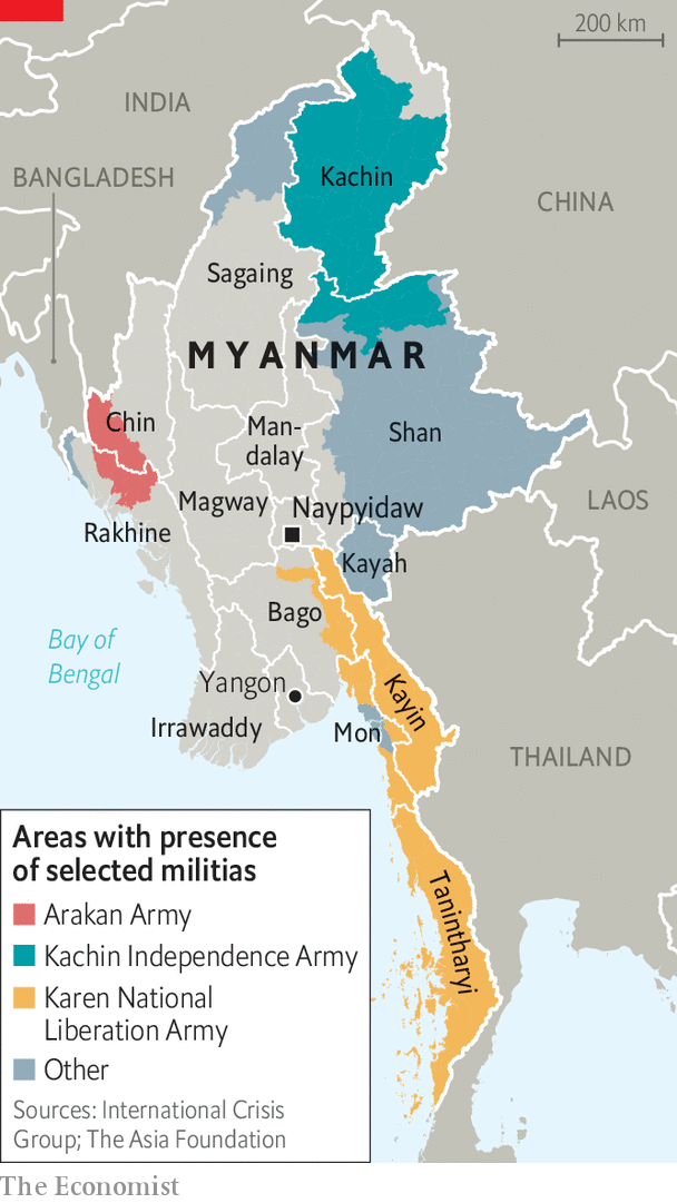 Myanmar Civil War: Areas with presence of militias